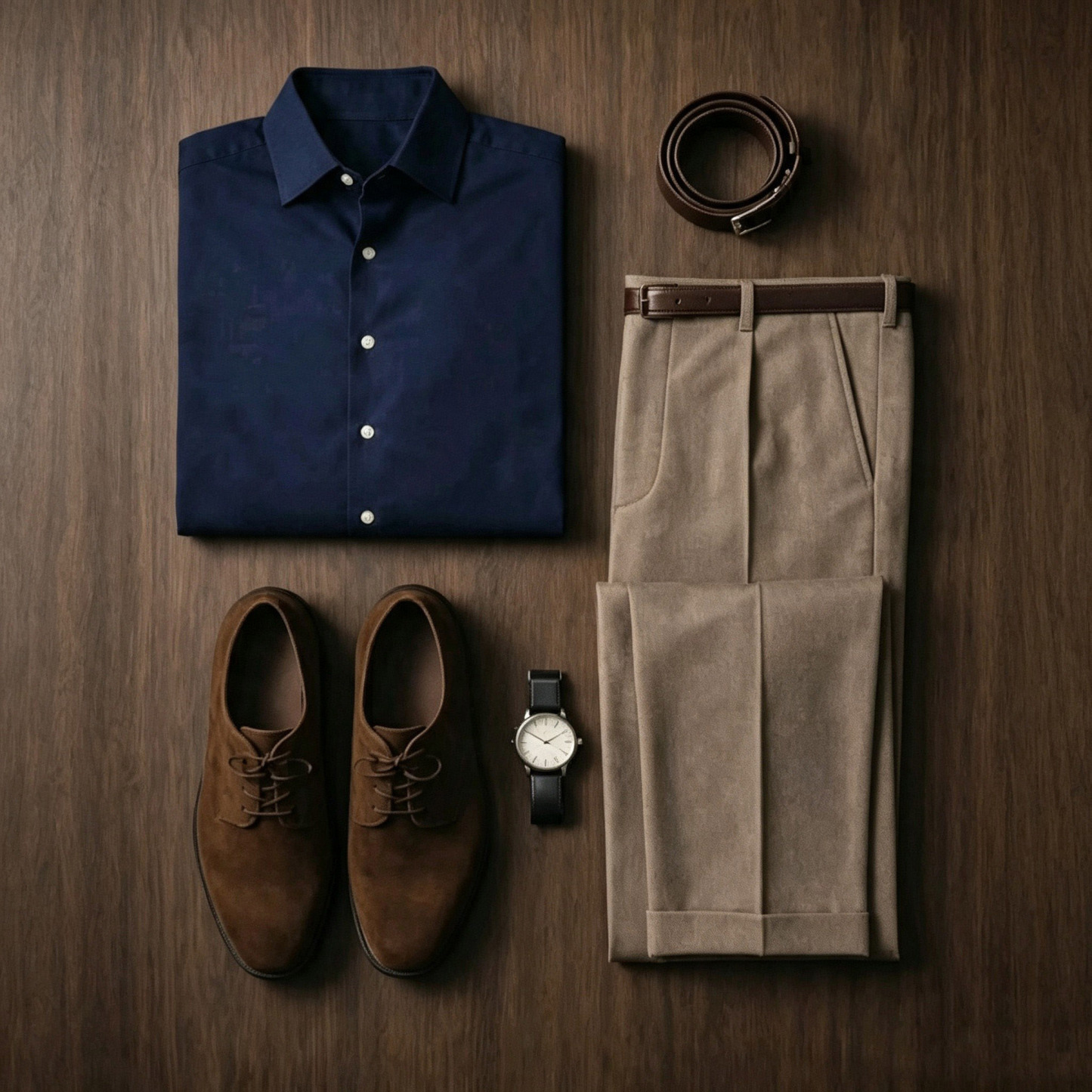 Men's Casual Color Matching Oatmeal Long Sleeves Polo Shirt & Denim Blue Jeans Pants Two Piece Set