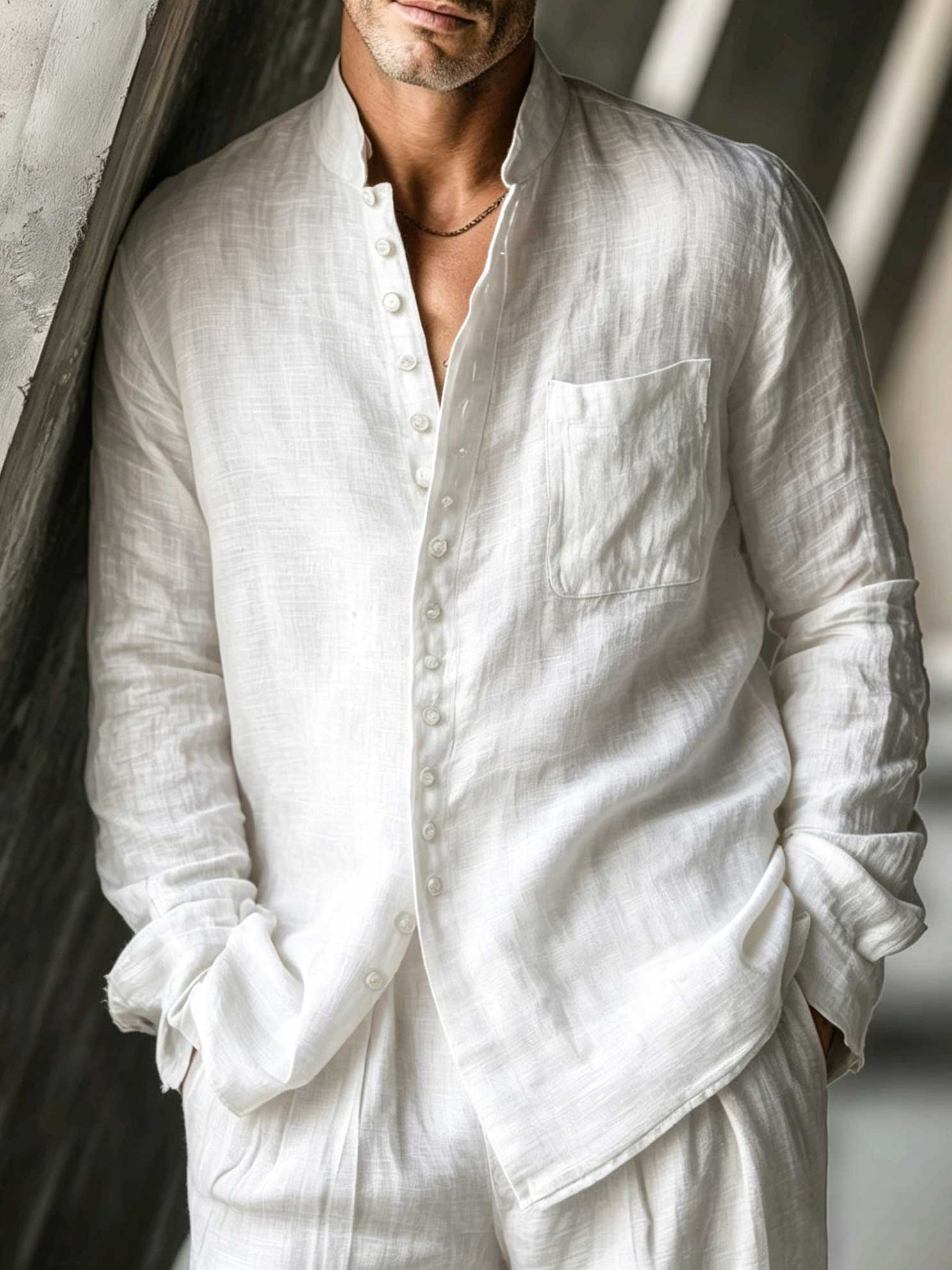 Men's Cotton Linen Long Sleeved Shirt And Trousers Set