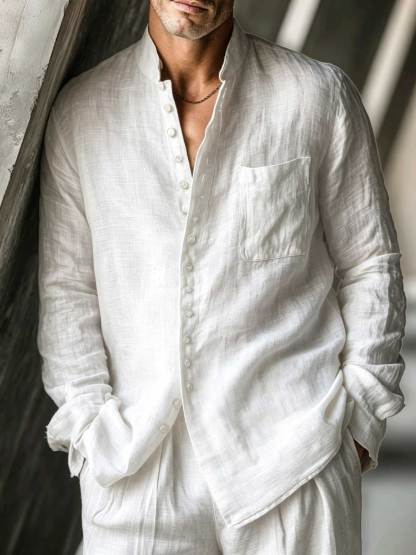 Men's Cotton Linen Long Sleeved Shirt And Trousers Set