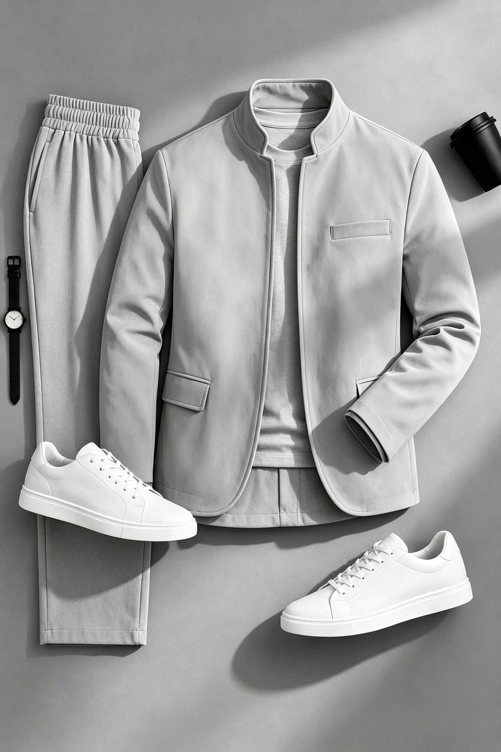 Men's Causal Velvet Jacket & Pants Two-Piece Sets-White