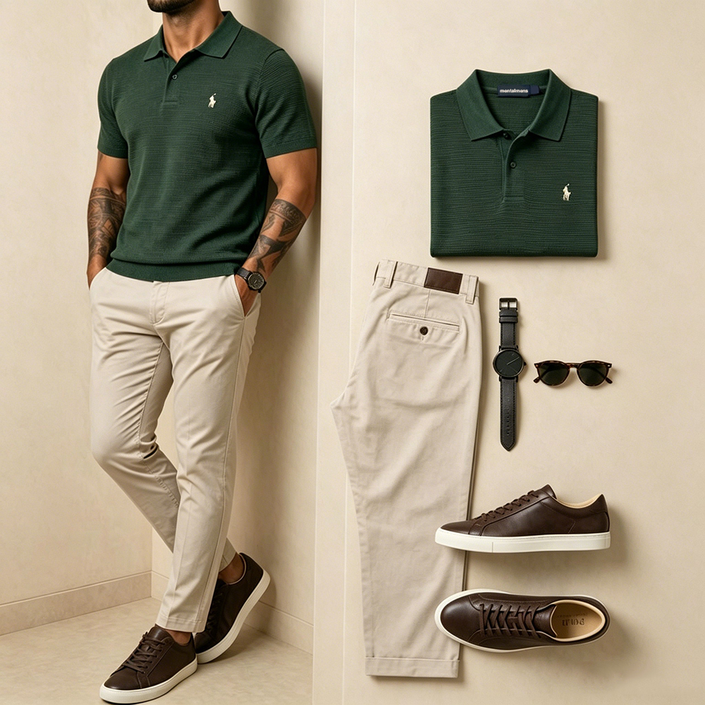 Men's Casual Vertical Color Block Polo Shirt And Pants Two-Piece Set