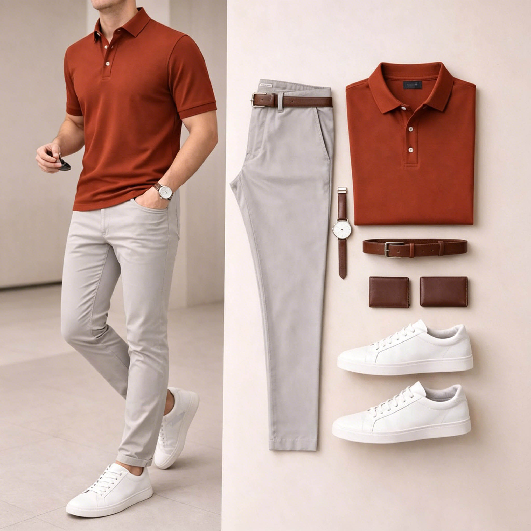 Men's Casual Brick Red & Light Gray Solid Polo Shirt And Pants Two-Piece Set