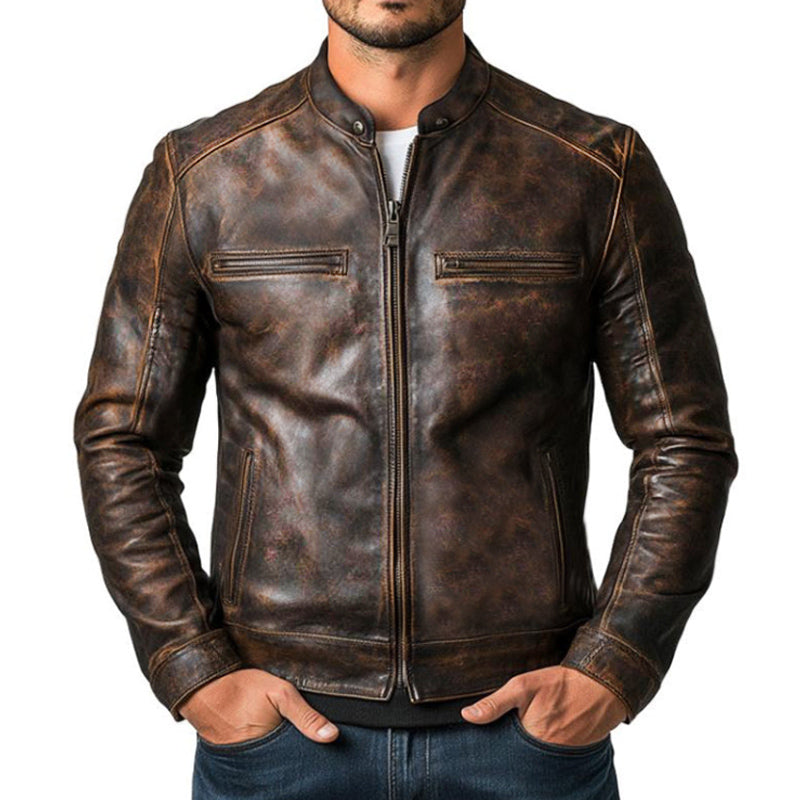 Men's Vintage Distressed Zipper PU Leather Jacket