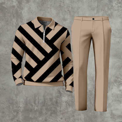 Men's Casual Tan & Black Color Matching Striped Printed Zipper Long Sleeved Polo Shirt & Trousers Two-Piece Set