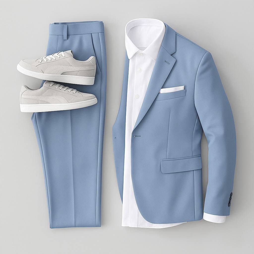 Men's Business Casual Blue & White & Blue Color Matching Long Sleeves Shirt & Pants & Blazer 3pcs Set