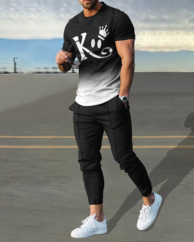  Men's simple contrast color short-sleeved trousers suit 492