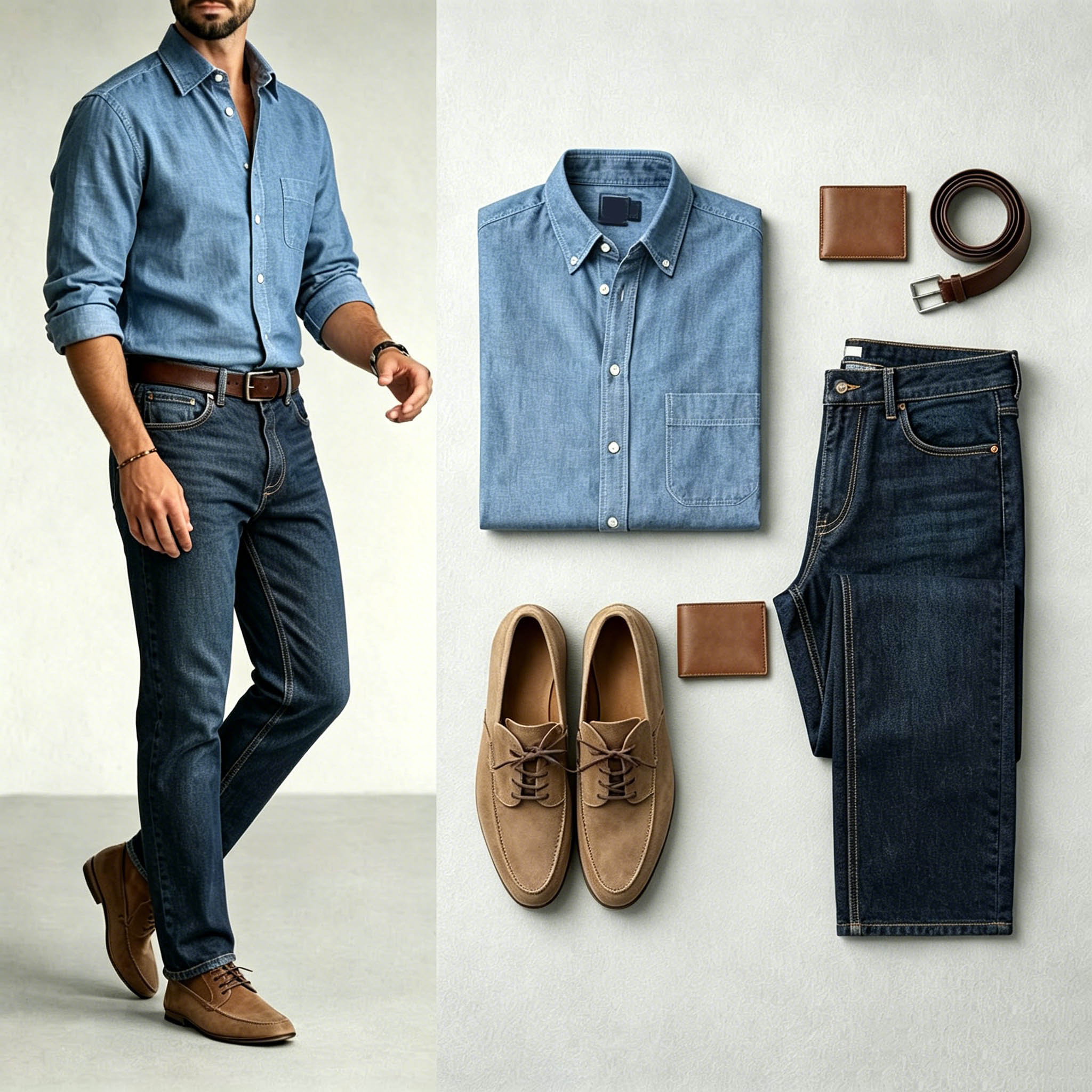 Men's Denim Blue Color Matching Retro Style Lapel Collar Long Sleeves Shirt & Jeans Two-Piece Set
