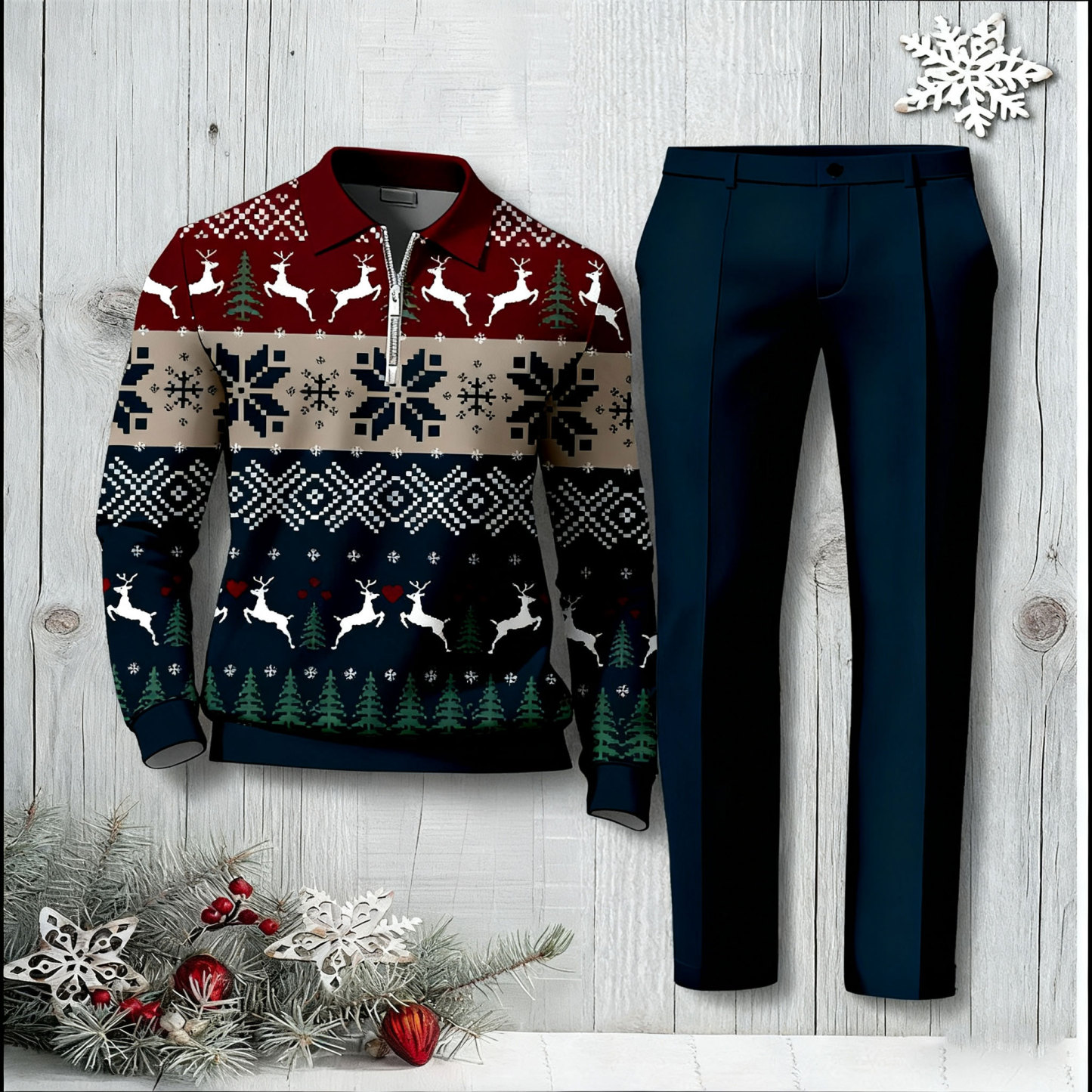 Men's Christmas Color Matching Printed Polo-Collar Zipper Long Sleeved