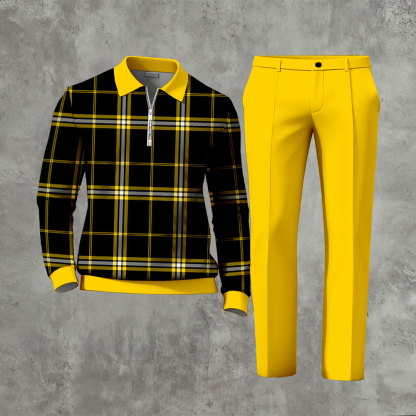 Men's Casual Black & Yellow Color Matching Geometric Printed Zipper Long Sleeved Polo Shirt & Trousers Two-Piece Set