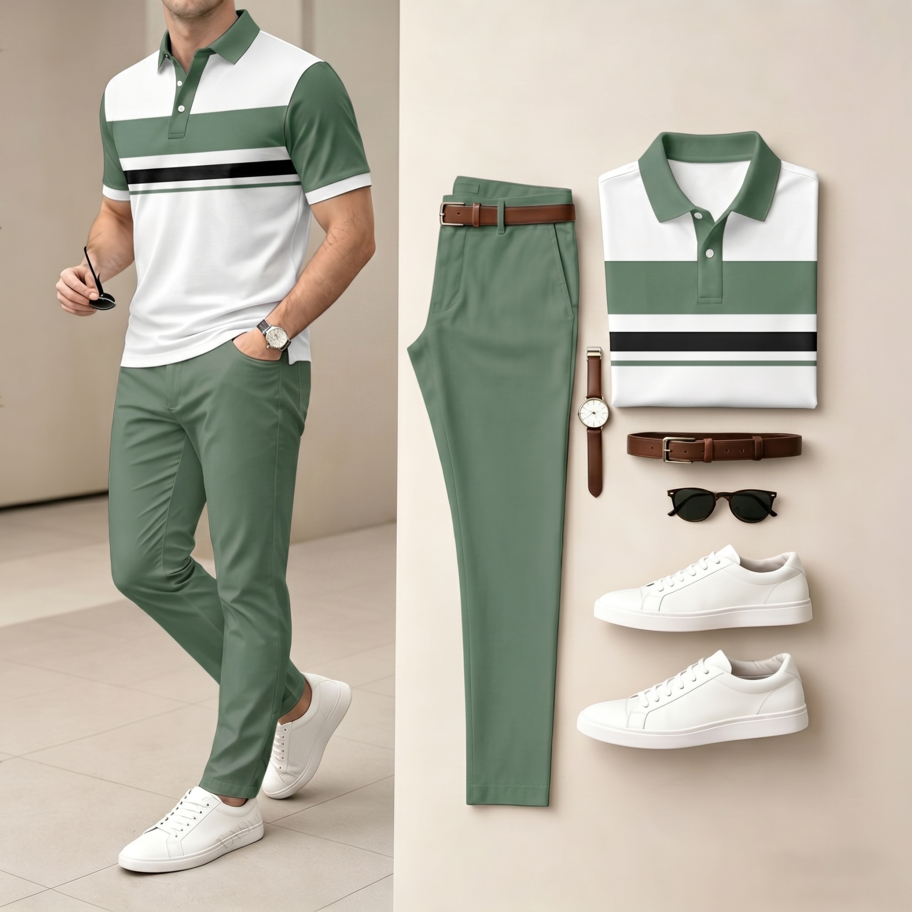 Men's White & Green Color Matching Striped Printed Short Sleeved Polo Shirt & Pants Two-Piece Set