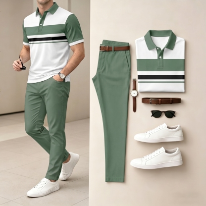Men's  White & Green Color Matching Striped Printed Short Sleeved Polo Shirt & Pants Two-Piece Set