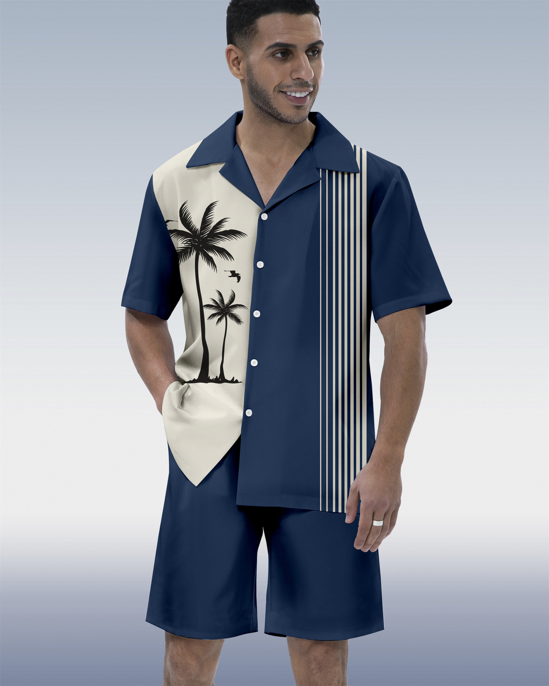 Men's Hawaiian Tiki Party Print Cuban Collar Short Sleeve Shirt Set