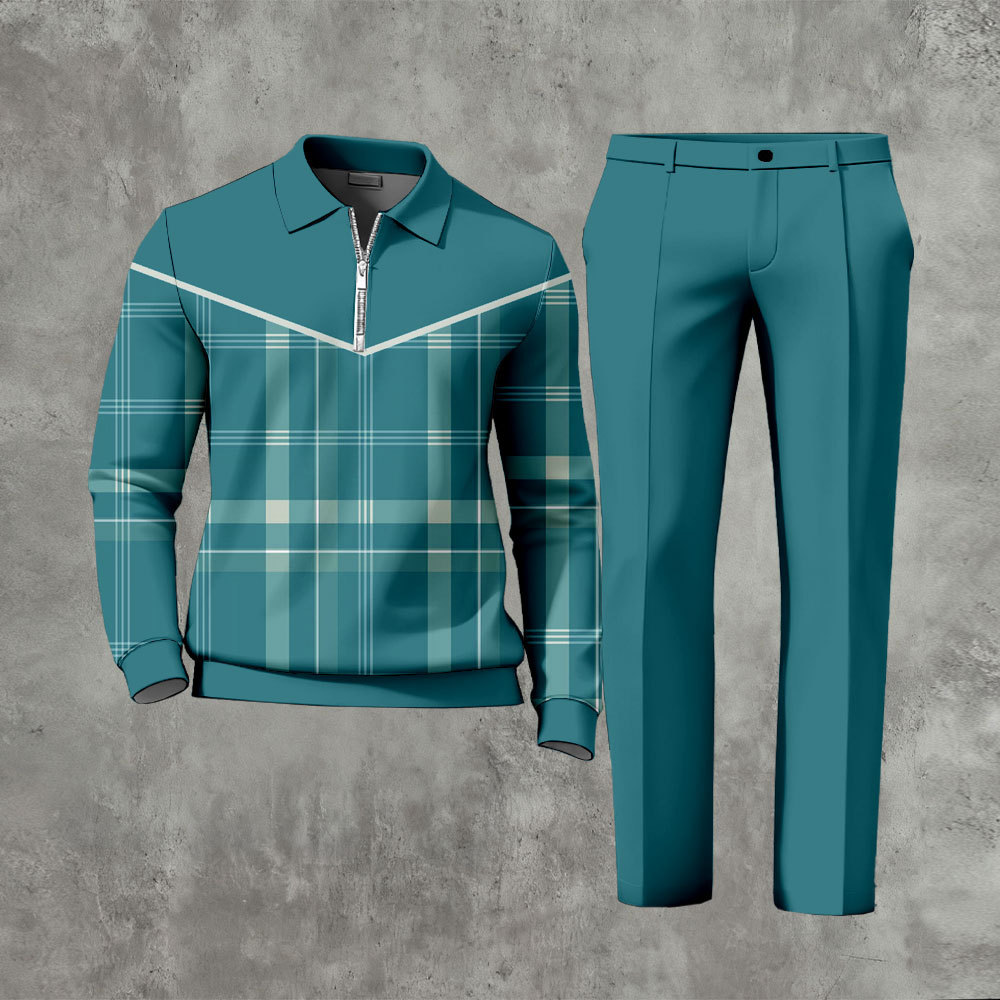 Men's Casual Green Color Matching Geoemtric Printed Zipper Long Sleeve