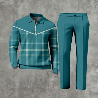 Men's Casual Green Color Matching Geoemtric Printed Zipper Long Sleeved Polo Shirt & Trousers Two-Piece Set