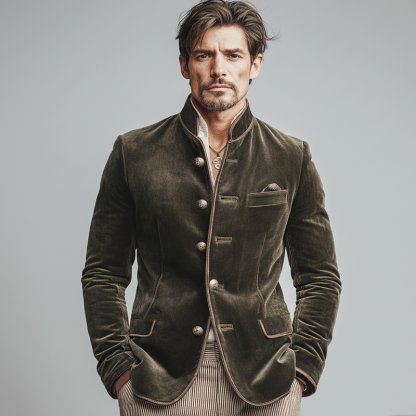 Men's Vintage Velvet Embroidered Lines Stand-collar Slim-fit Jacket