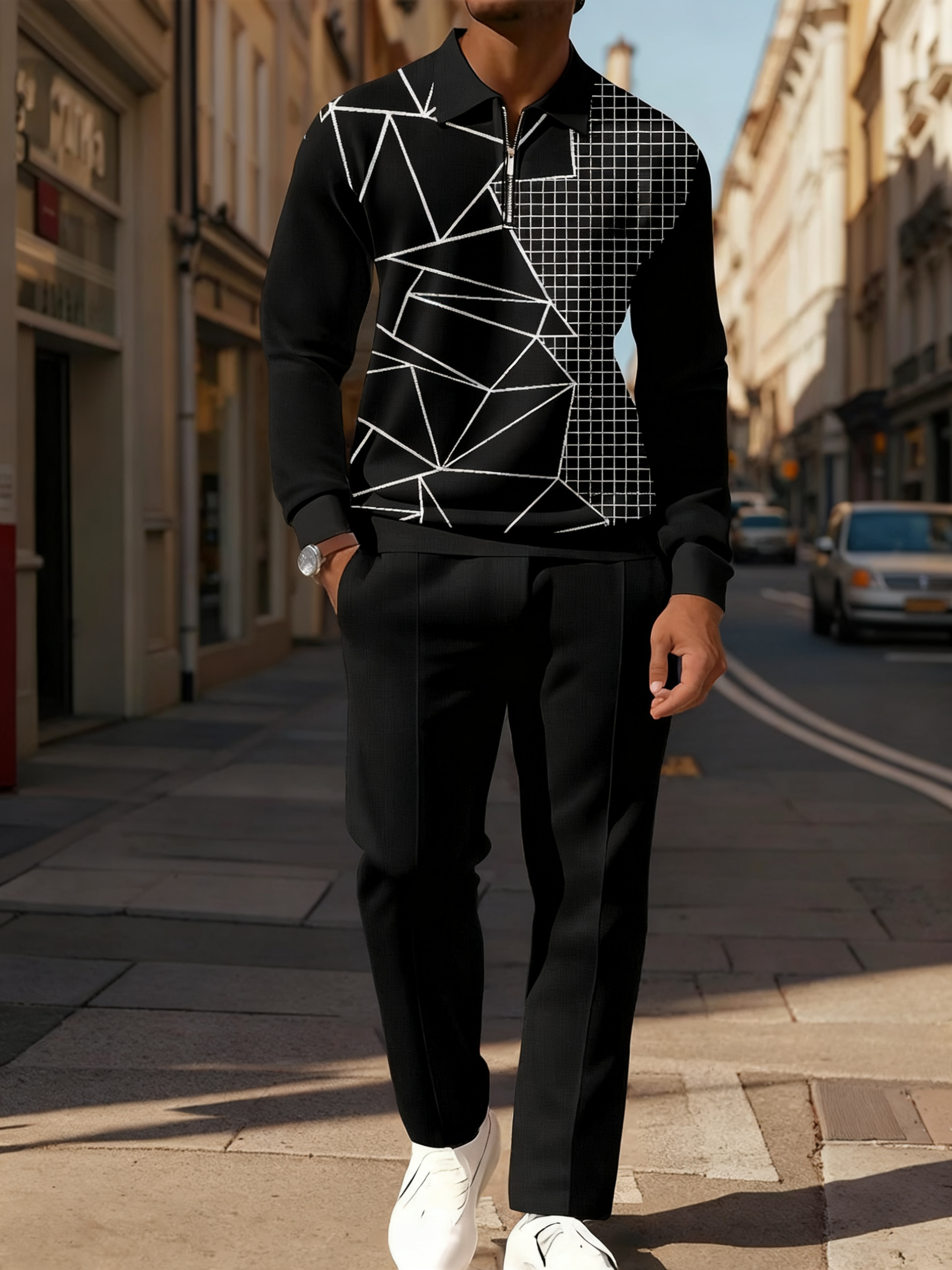 Men's Casual Colorblock Personalized Long Sleeve Polo Shirt Set  003