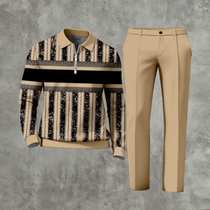 Men's Casual Color Matching Printed Polo-Collar Zipper Long Sleeved Trousers Two-Piece Set