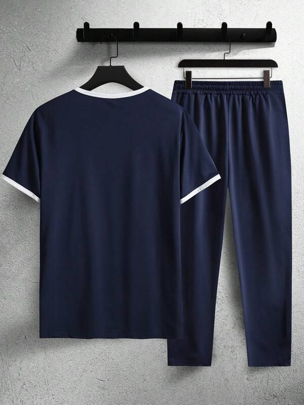  Men's Color Block Print Short Sleeve Athletic Walking Suit