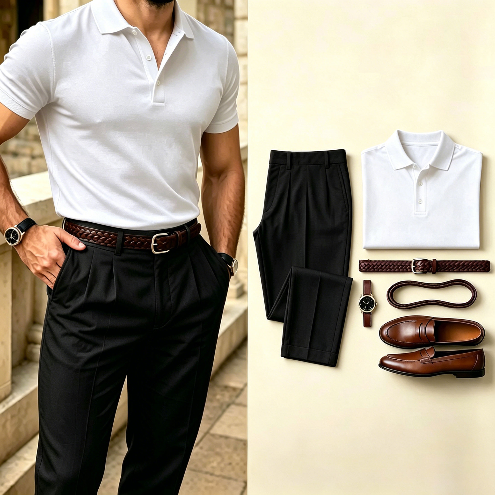 Men's Casual Color Matching Short Sleeves Polo Shirt & Pants Two Piece Set