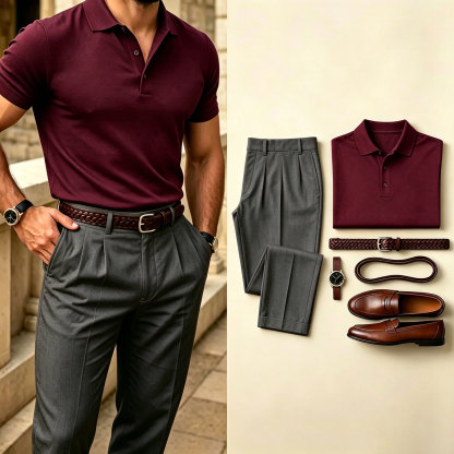 Men's Casual Color Matching Short Sleeves Polo Shirt & Pants Two Piece Set