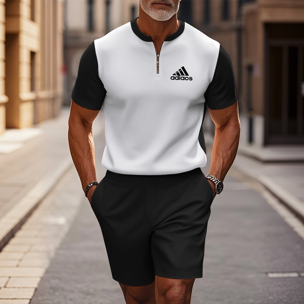 Men's Fashion Round Neck Zipper Short Sleeve+Casual Shorts Two Piece Set