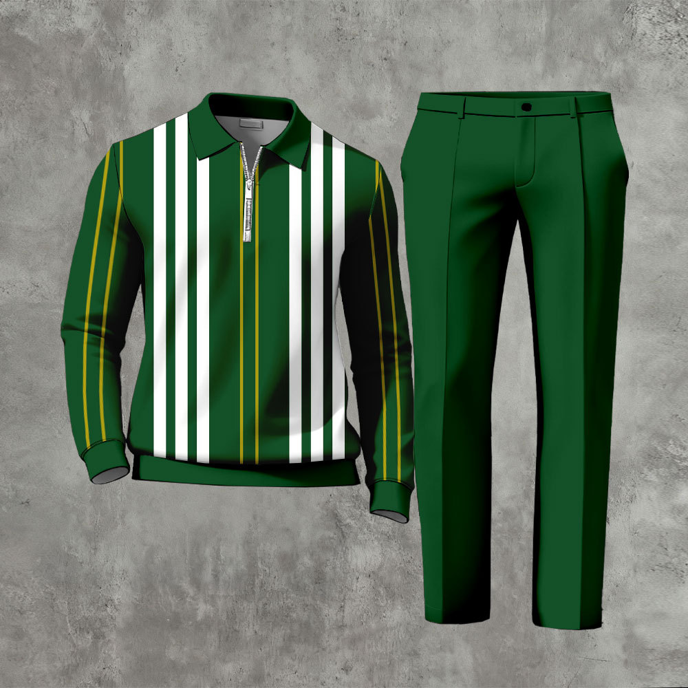 Men's Casual Green & White Color Matching Striped Printed Zipper Long 