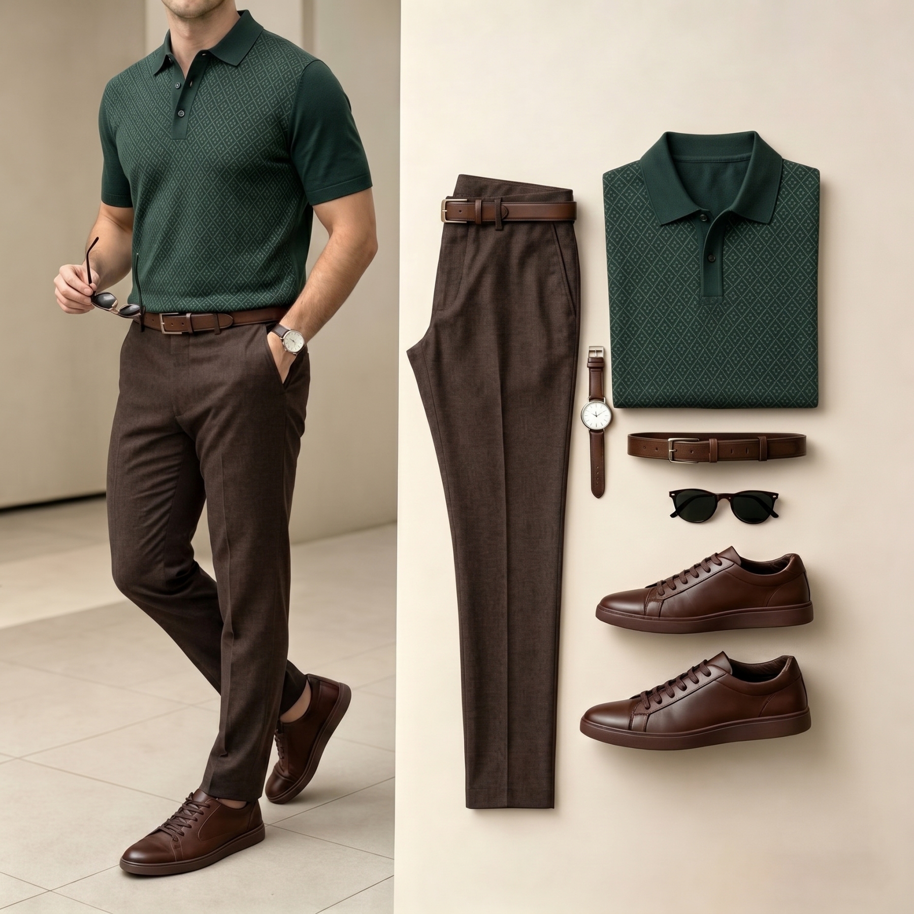 Men's Deep Green Color Leisure Short Sleeved Polo Shirt & Pants Two-Piece Set