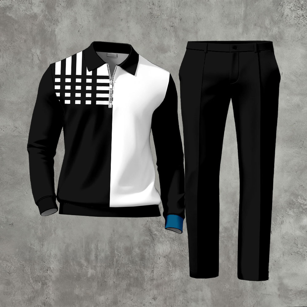 Men's Casual Black & White Color Matching Geometric Printed Zipper Lon