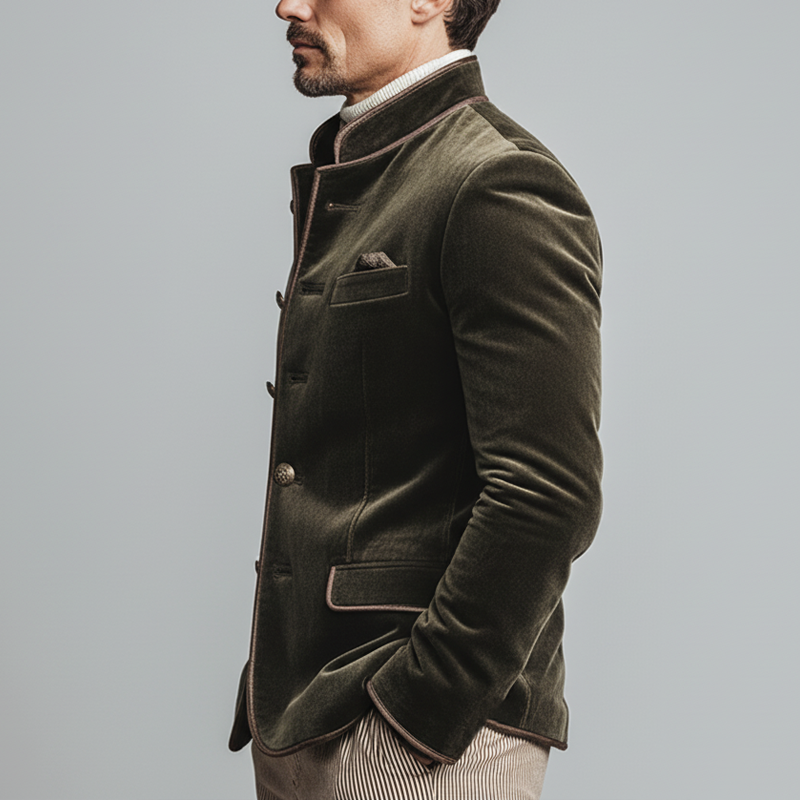 Men's Vintage Velvet Embroidered Lines Stand-collar Slim-fit Jacket