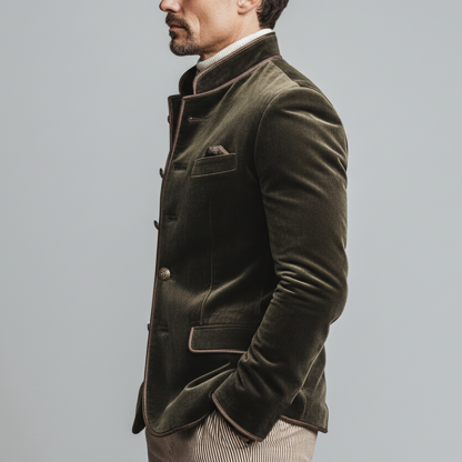 Men's Vintage Velvet Embroidered Lines Stand-collar Slim-fit Jacket