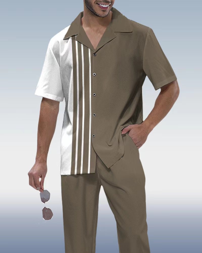 Suitmens Men's Vintage Print Short Sleeve Shirt Walking Set 413