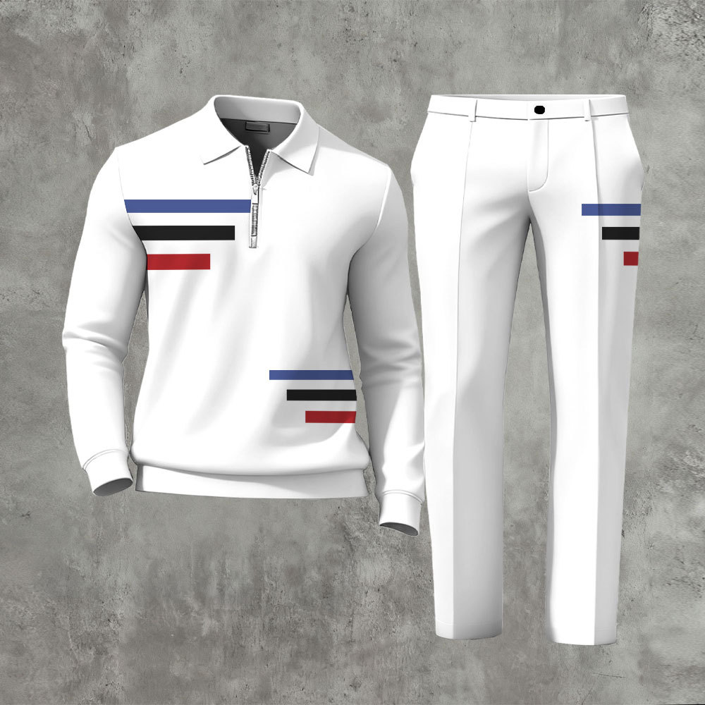 Men's Casual Color Matching Printed Polo-Collar Zipper Long Sleeved Tr