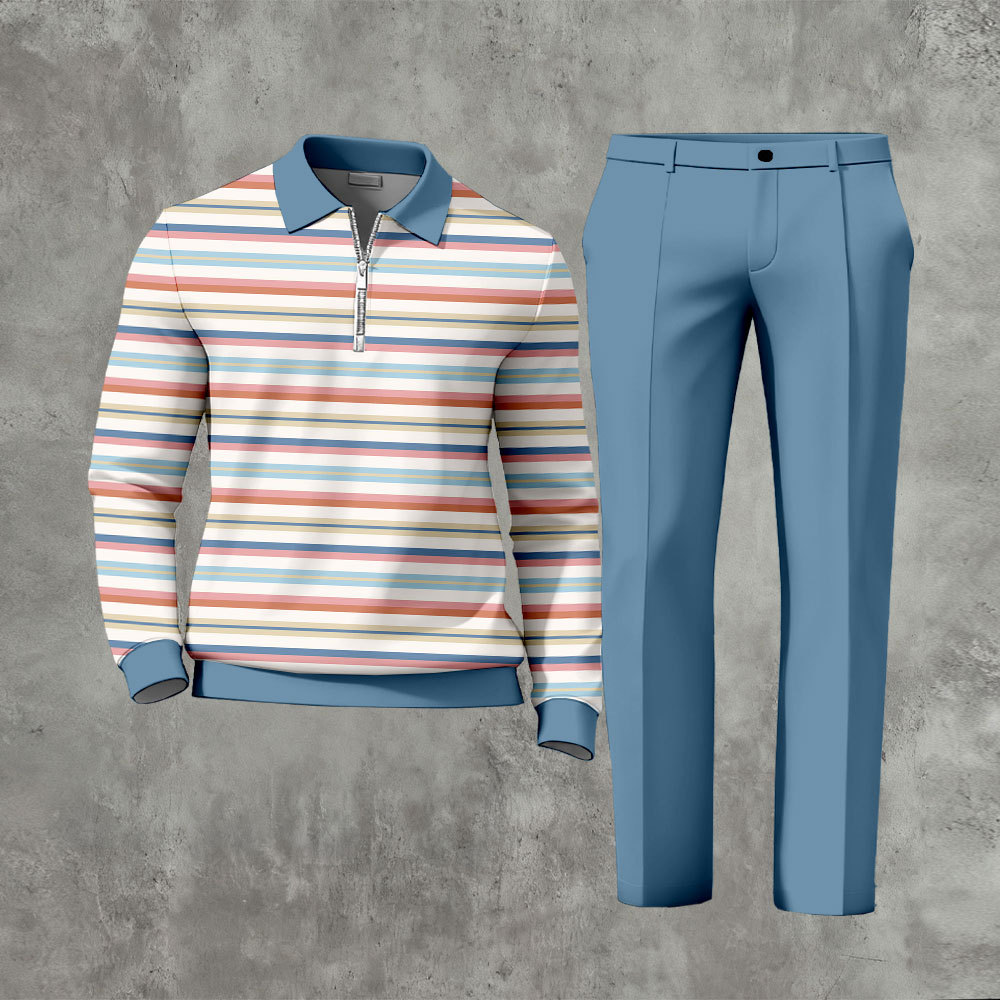 Men's Casual Blue & Multi Color Matching Striped Printed Zipper Long S