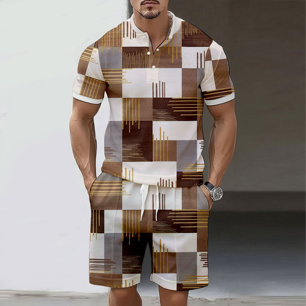 Men's Fashion Polo Round-Neck Geometric Printed Short-Sleeved Two-Piece Set