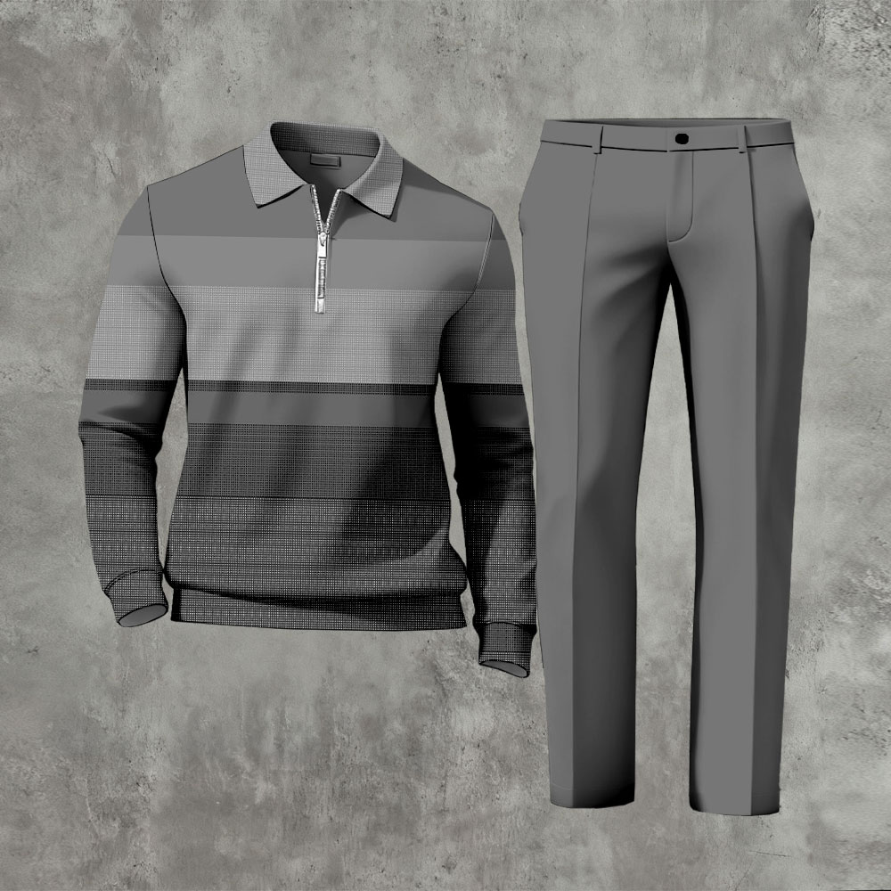 Men's Casual Dark Gray Color Matching Striped Printed Polo-Collar Zipper Long Sleeved Trousers Two-Piece Set