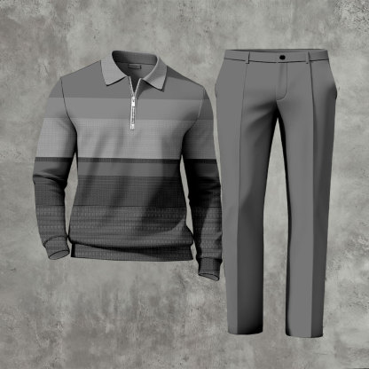 Men's Casual Color Matching Printed Polo-Collar Zipper Long Sleeved Trousers Two-Piece Set 1201