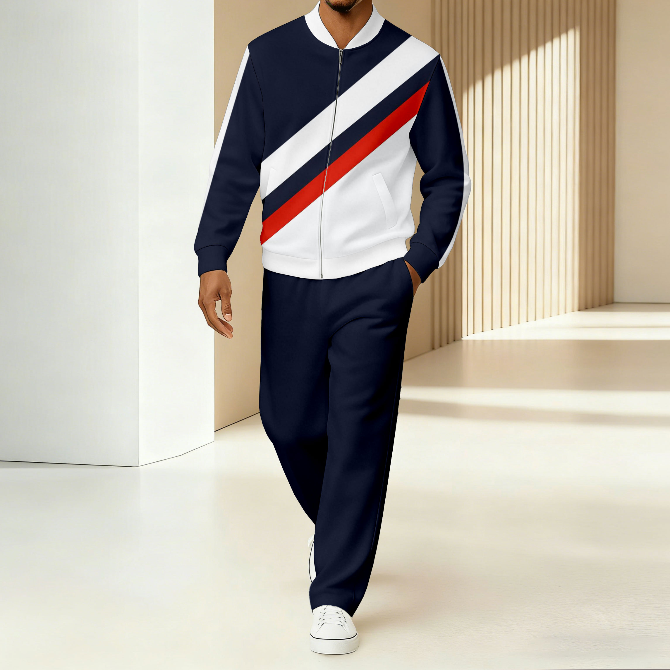 Men's Minimalist Color-Block Striped Printed Jacket Sports Jogging Set