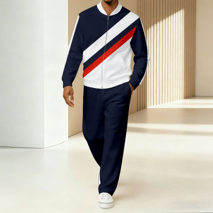Men's Minimalist Color-Block Striped Printed Jacket Sports Jogging Set