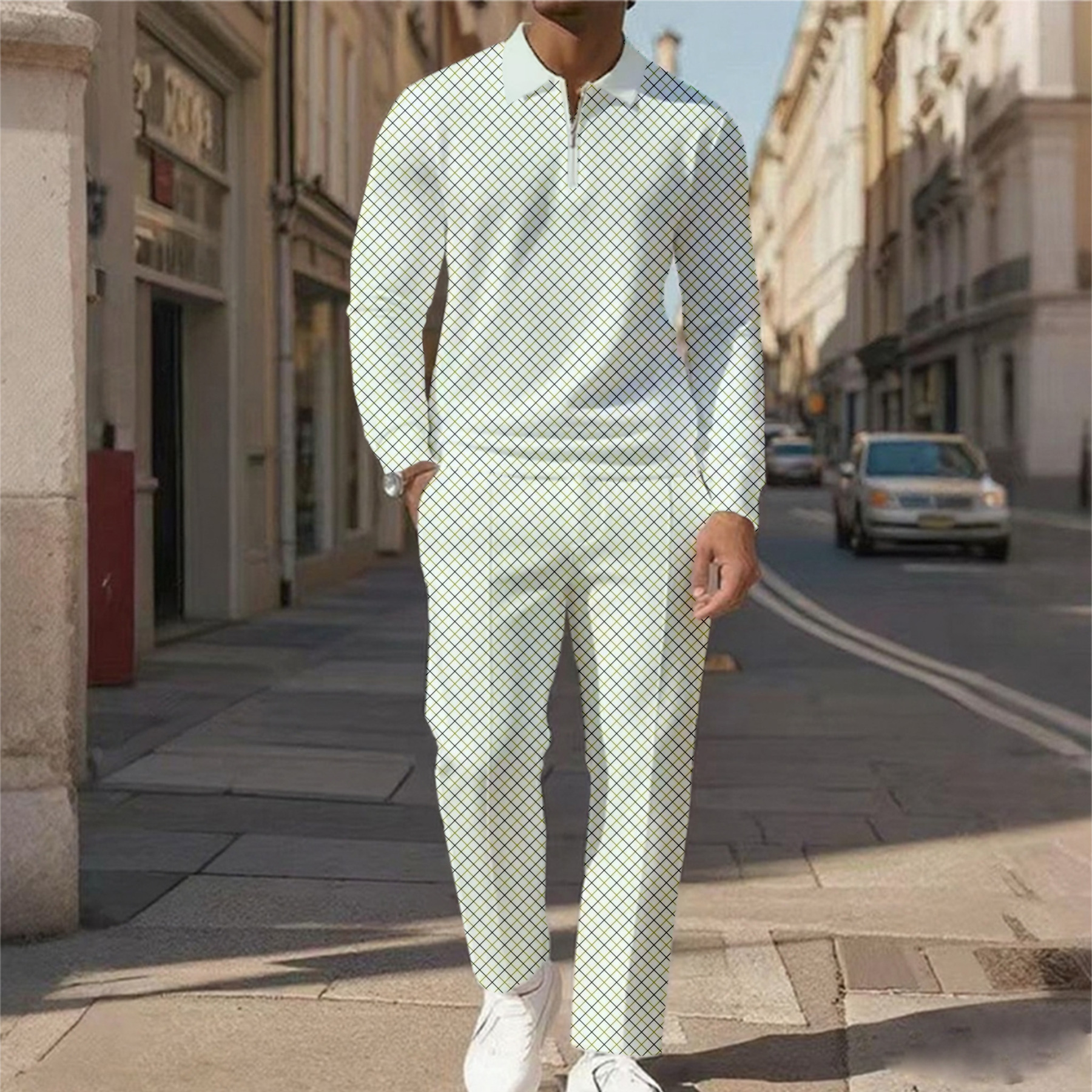 Men's Casual Color Matching Printed Polo-Collar Zipper Long Sleeved Tr