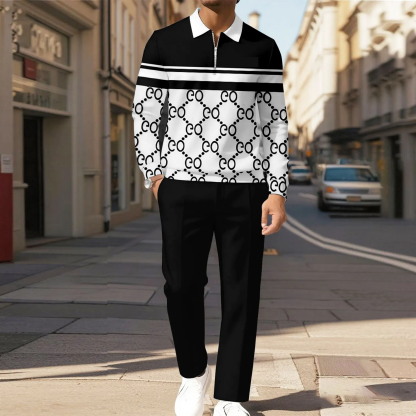 Men's Casual Color Matching Printed Polo-Collar Zipper Long Sleeved Trousers Two-Piece Set