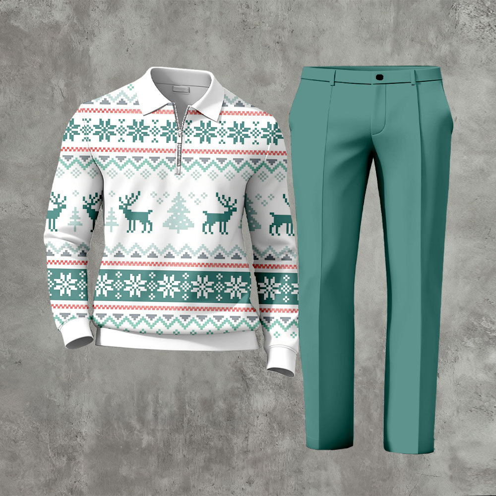 Men's Casual Light Green & White Color Matching Christmas Printed Zipp