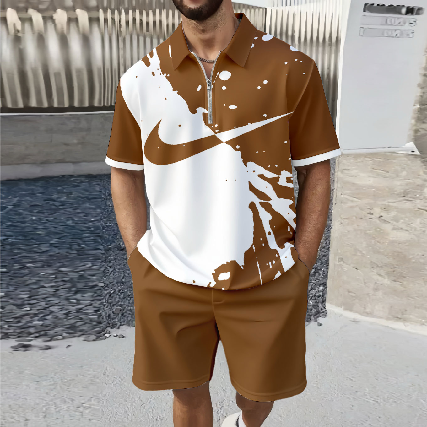 Men's Fashion Casual Zipper Polo Collar Geometric Printed Short-Sleeved Two-Piece Set