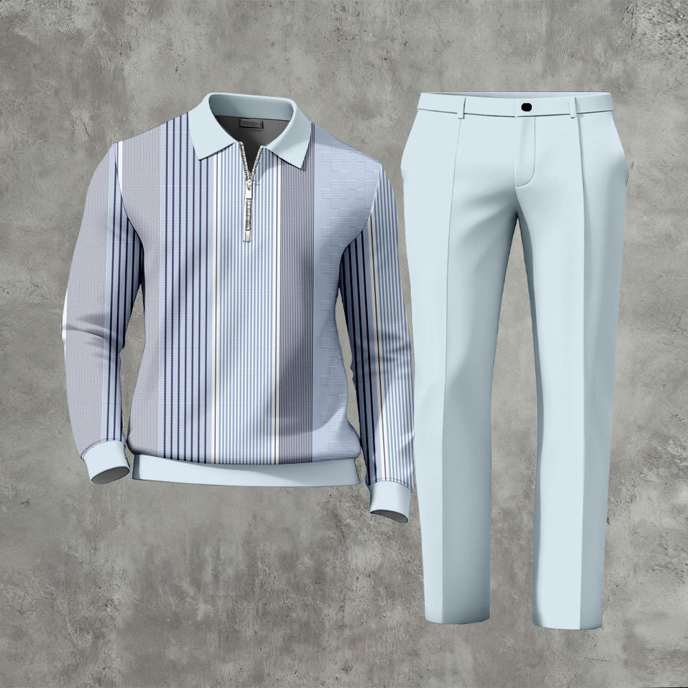 Men's Casual Blue Color Matching Striped Printed Zipper Long Sleeved P