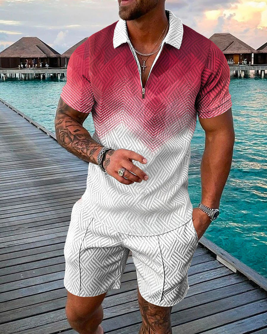 Men's Casual Colorblock Polo Shirt Two Piece