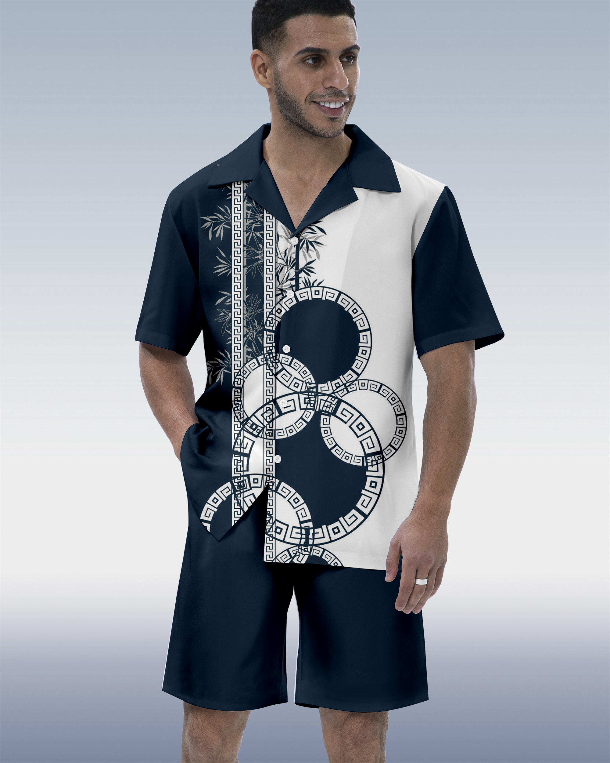 Men's Colorblock Geometric Hawaiian Cuban Collar Short Sleeve Shirt Set