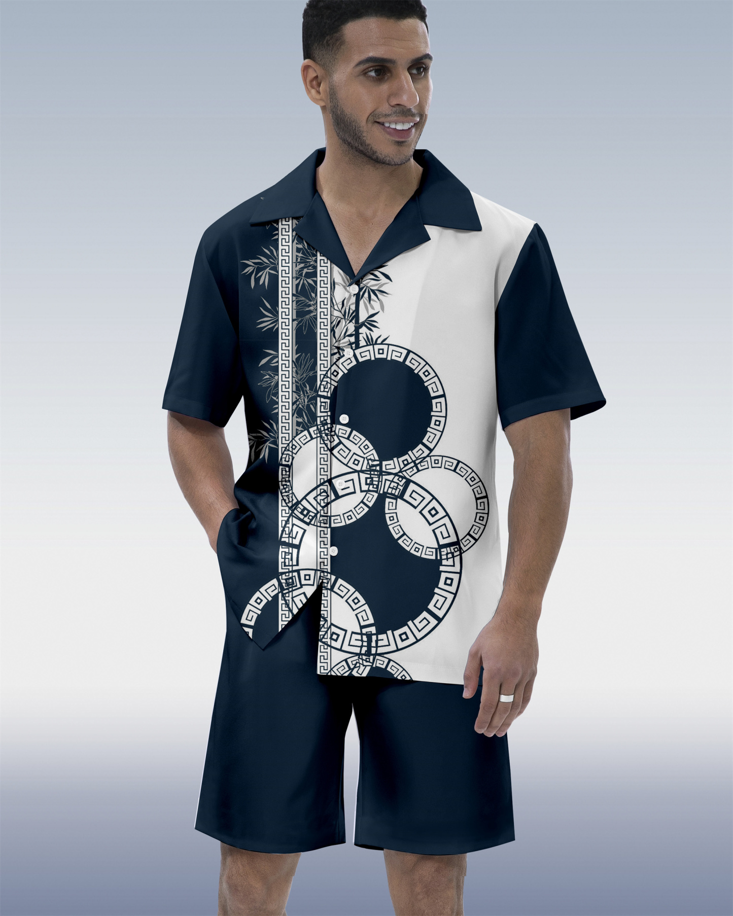 Men's Colorblock Geometric Hawaiian Cuban Collar Short Sleeve Shirt Set