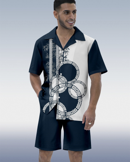 Men's Colorblock Geometric Hawaiian Cuban Collar Short Sleeve Shirt Set