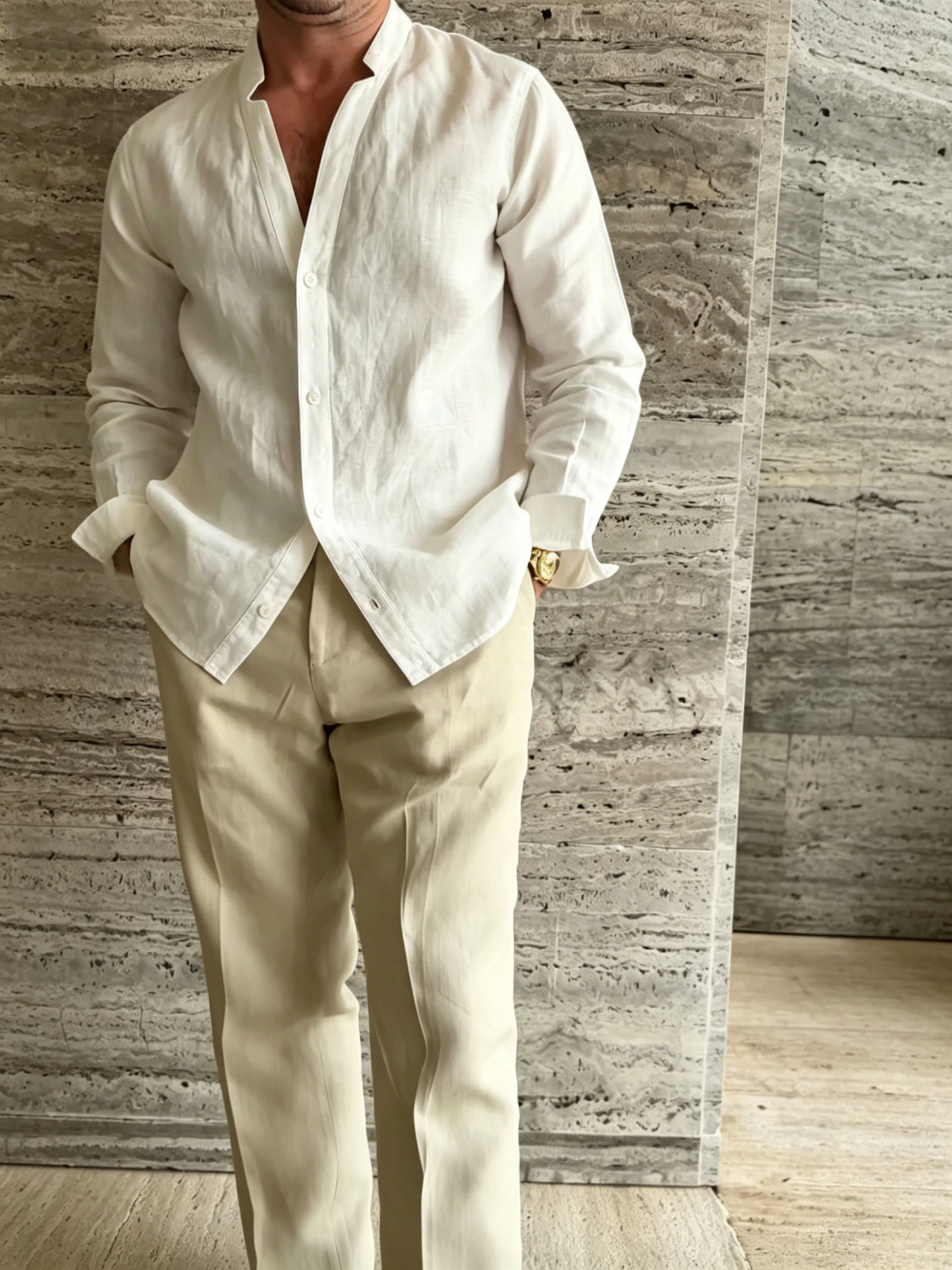 Premium Linen-Blend Mandarin Collar Suit