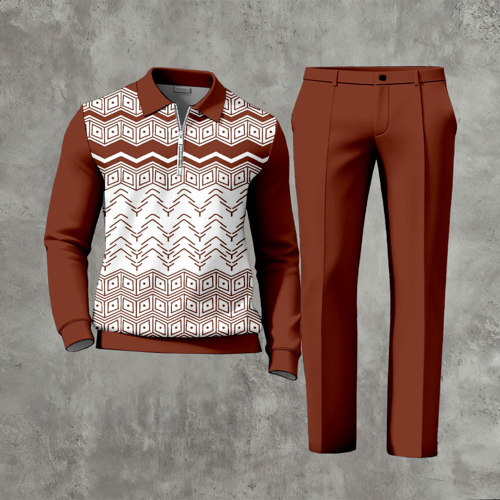 Men's Casual Red Brown & White Color Matching Ethnic Styled Printed Zi