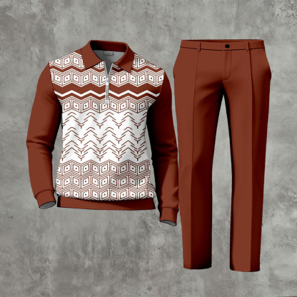 Men's Casual Red Brown & White Color Matching Ethnic Styled Printed Zipper Long Sleeved Polo Shirt & Trousers Two-Piece Set